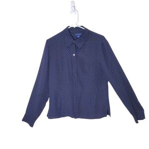 Ann Taylor: 100% Silk Navy Button Down Polka-dot Shirt.10/Medium